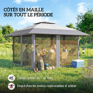 Tonnelle de jardin 4 x 4 m pop up tente pliante réglable en hauteur protection UV30+ tonnelle pliante avec double toit 4 parois en maille 4 sacs de sable sac de transport montage facile gris