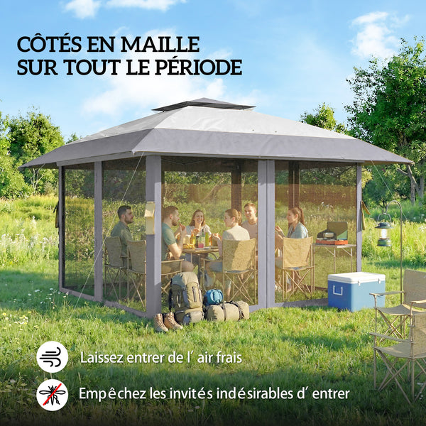 Tonnelle de jardin 4 x 4 m pop up tente pliante réglable en hauteur protection UV30+ tonnelle pliante avec double toit 4 parois en maille 4 sacs de sable sac de transport montage facile gris