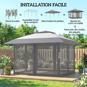 Tonnelle de jardin 4 x 4 m pop up tente pliante réglable en hauteur protection UV30+ tonnelle pliante avec double toit 4 parois en maille 4 sacs de sable sac de transport montage facile gris