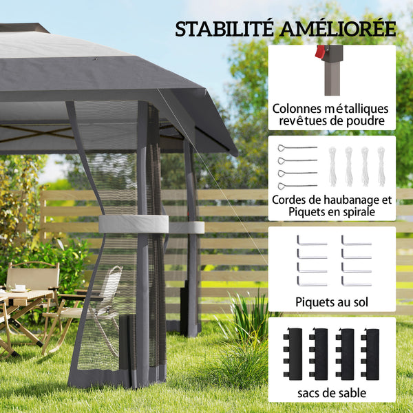 Tonnelle de jardin 4 x 4 m pop up tente pliante réglable en hauteur protection UV30+ tonnelle pliante avec double toit 4 parois en maille 4 sacs de sable sac de transport montage facile gris