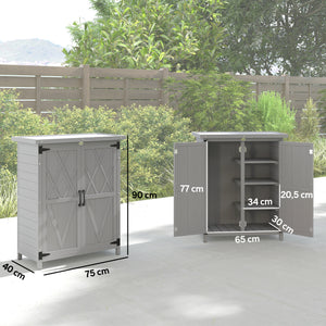 Abri de jardin Armoire de jardin pour outils 75L x 40l x 90H cm 3 étagères 2 portes Toit en asphalte imperméable Bois de sapin gris