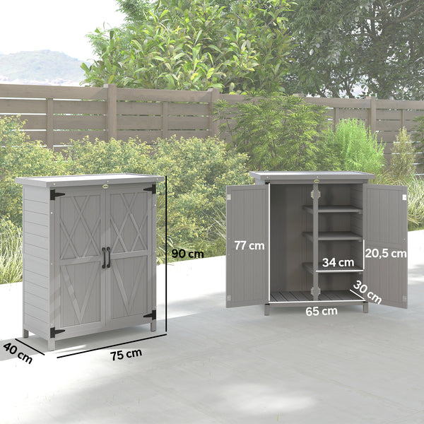 Abri de jardin Armoire de jardin pour outils 75L x 40l x 90H cm 3 étagères 2 portes Toit en asphalte imperméable Bois de sapin gris