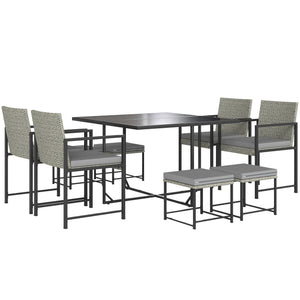 Salon de jardin extérieur en résine tressée 8 places, table et chaises de jardin extérieur avec 4 fauteuils, 4 tabourets, coussins et plateau en verre trempé, pour terrasse patio balcon, gris