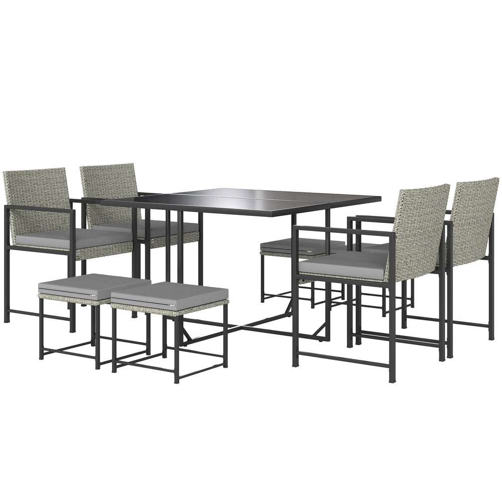 Salon de jardin extérieur en résine tressée 8 places, table et chaises de jardin extérieur avec 4 fauteuils, 4 tabourets, coussins et plateau en verre trempé, pour terrasse patio balcon, gris