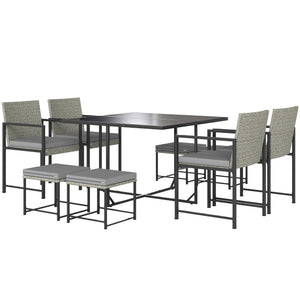 Salon de jardin extérieur en résine tressée 8 places, table et chaises de jardin extérieur avec 4 fauteuils, 4 tabourets, coussins et plateau en verre trempé, pour terrasse patio balcon, gris