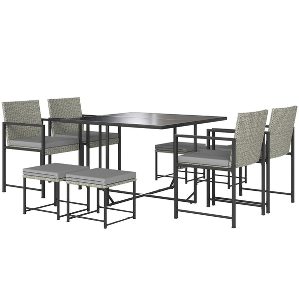 Salon de jardin extérieur en résine tressée 8 places, table et chaises de jardin extérieur avec 4 fauteuils, 4 tabourets, coussins et plateau en verre trempé, pour terrasse patio balcon, gris