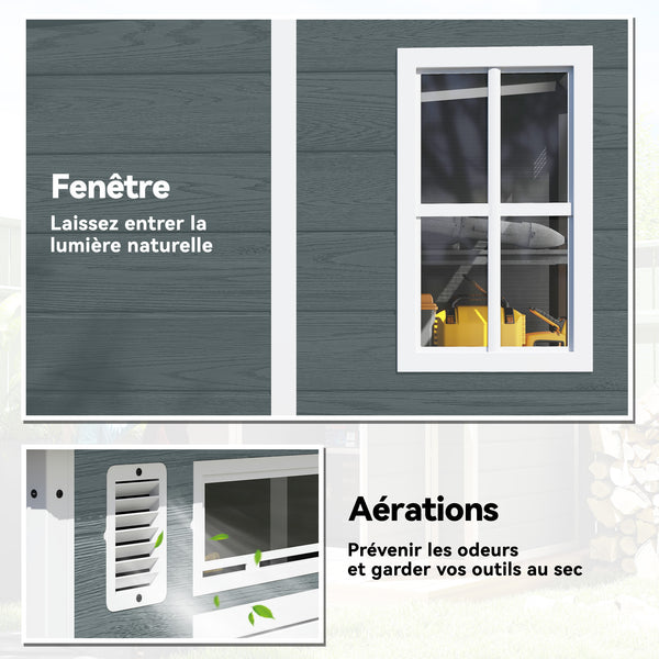 Abri de Jardin en Plastique 6 x 6 ft, Effet Bois, avec Plancher, Trois Fenêtres, Portes Verrouillables et Aérations, pour Outils, Vélo, Générateur, Gris