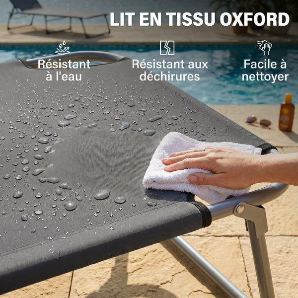 Transat Bain de Soleil Pliable Chaise Longue Pliante Grand Confort Dossier Inclinable Multi-positions et Pare-Soleil Réglable 187L x 58l x 36H cm Gris