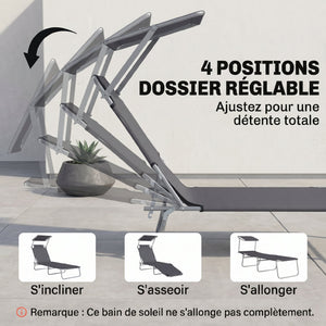 Transat Bain de Soleil Pliable Chaise Longue Pliante Grand Confort Dossier Inclinable Multi-positions et Pare-Soleil Réglable 187L x 58l x 36H cm Gris