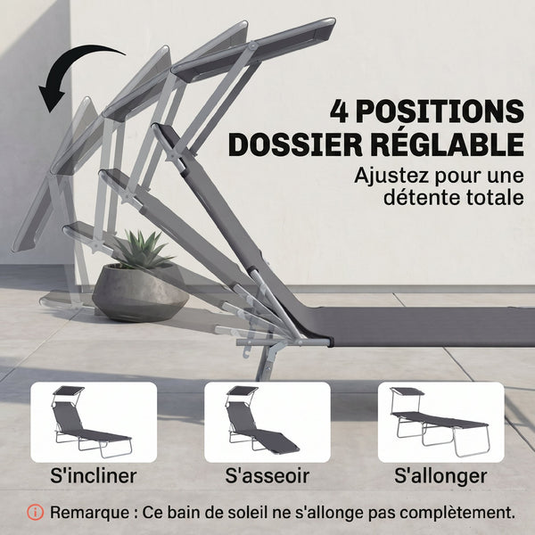 Transat Bain de Soleil Pliable Chaise Longue Pliante Grand Confort Dossier Inclinable Multi-positions et Pare-Soleil Réglable 187L x 58l x 36H cm Gris