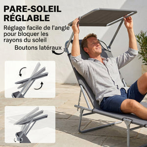 Transat Bain de Soleil Pliable Chaise Longue Pliante Grand Confort Dossier Inclinable Multi-positions et Pare-Soleil Réglable 187L x 58l x 36H cm Gris