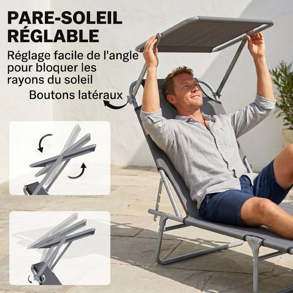 Transat Bain de Soleil Pliable Chaise Longue Pliante Grand Confort Dossier Inclinable Multi-positions et Pare-Soleil Réglable 187L x 58l x 36H cm Gris