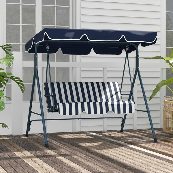 Balancelle de Jardin 3 Places Toit Inclinaison réglable Coussins Assise et Dossier 1,72L x 1,1l x 1,53H m Acier Noir Polyester Bleu