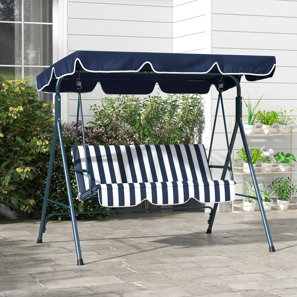 Balancelle de Jardin 3 Places Toit Inclinaison réglable Coussins Assise et Dossier 1,72L x 1,1l x 1,53H m Acier Noir Polyester Bleu