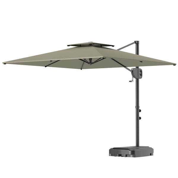 Parasol déporté carré 2,5 x 2,5 m, parasol de jardin extérieur avec manivelle, 2 bases incluses, toile polyester 200 g/m², double toit, 8 baleines, gris clair