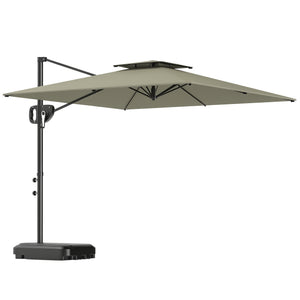 Parasol déporté carré 2,5 x 2,5 m, parasol de jardin extérieur avec manivelle, 2 bases incluses, toile polyester 200 g/m², double toit, 8 baleines, gris clair
