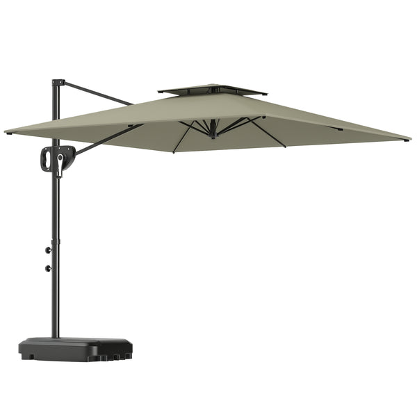 Parasol déporté carré 2,5 x 2,5 m, parasol de jardin extérieur avec manivelle, 2 bases incluses, toile polyester 200 g/m², double toit, 8 baleines, gris clair