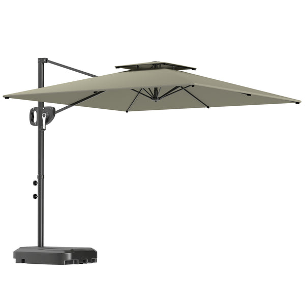 Parasol déporté carré 2,5 x 2,5 m, parasol de jardin extérieur avec manivelle, 2 bases incluses, toile polyester 200 g/m², double toit, 8 baleines, gris clair