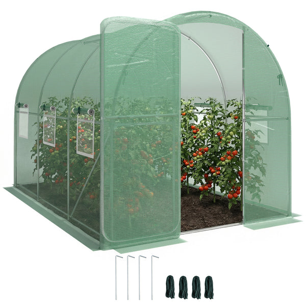 Serre tunnel de jardin 6m², serre de jardin tunnel 200x300x200cm avec cadre en acier galvanisé, porte et 6 fenêtres, pour extérieur, toutes saisons, bâche PE haute densité 140 g/m² vert