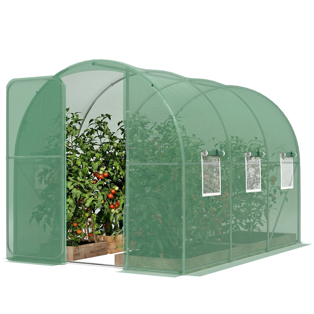 Serre tunnel de jardin 6m², serre de jardin tunnel 200x300x200cm avec cadre en acier galvanisé, porte et 6 fenêtres, pour extérieur, toutes saisons, bâche PE haute densité 140 g/m² vert