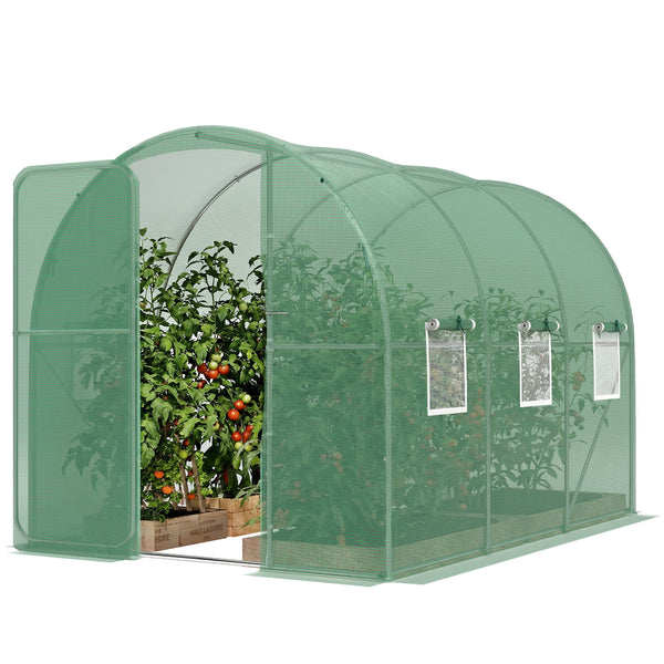 Serre tunnel de jardin 6m², serre de jardin tunnel 200x300x200cm avec cadre en acier galvanisé, porte et 6 fenêtres, pour extérieur, toutes saisons, bâche PE haute densité 140 g/m² vert