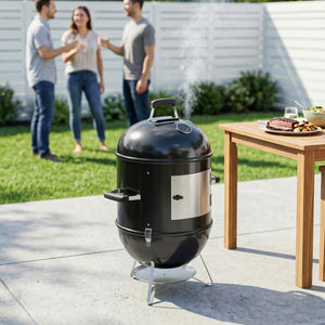 Fumoir 3 en 1, avec 3 Grilles de Cuisson Ø44 cm, Thermomètre Intégré, Ventilation Réglable, Couvercle Amovible, Poignée Isolée, Barbecue Charbon de Bois pour Camping Fêtes Pique-niques, Noir
