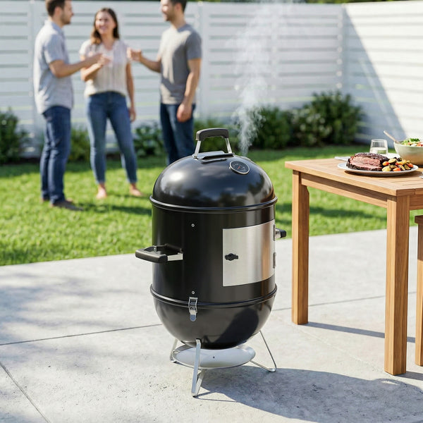 Fumoir 3 en 1, avec 3 Grilles de Cuisson Ø44 cm, Thermomètre Intégré, Ventilation Réglable, Couvercle Amovible, Poignée Isolée, Barbecue Charbon de Bois pour Camping Fêtes Pique-niques, Noir