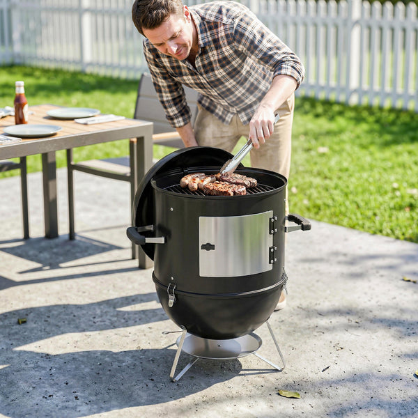 Fumoir 3 en 1, avec 3 Grilles de Cuisson Ø44 cm, Thermomètre Intégré, Ventilation Réglable, Couvercle Amovible, Poignée Isolée, Barbecue Charbon de Bois pour Camping Fêtes Pique-niques, Noir