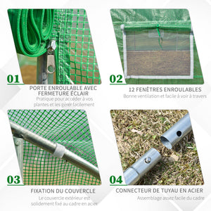 Serre de jardin tunnel 24 ㎡ grande taille 8 x 3 x 2 m avec bâche PE cadre en acier galvanisé Ø 24 mm  porte enroulable et 12 fenêtres vert