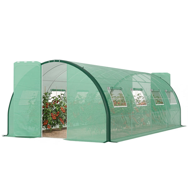Serre tunnel de jardin 18m², serre de jardin tunnel 600x300x200cm avec portes et 8 fenêtres avec moustiquaires, pour extérieur, toutes saisons, légumes, bâche PE haute densité 140 g/m² vert