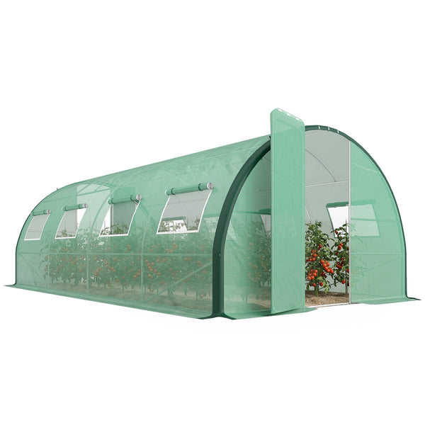 Serre tunnel de jardin 18m², serre de jardin tunnel 600x300x200cm avec portes et 8 fenêtres avec moustiquaires, pour extérieur, toutes saisons, légumes, bâche PE haute densité 140 g/m² vert