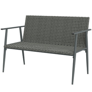 Banc de Jardin 2 places en Résine Tressée, avec Accoudoirs, Dossiers et Pieds Réglables, Structure en Acier Galvanisé, Banc d'Extérieur pour Terrasse Balcon Jardin, Gris