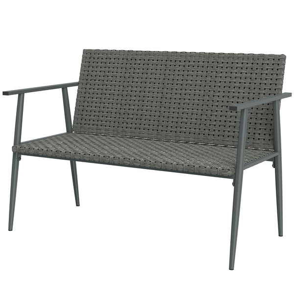 Banc de Jardin 2 places en Résine Tressée, avec Accoudoirs, Dossiers et Pieds Réglables, Structure en Acier Galvanisé, Banc d'Extérieur pour Terrasse Balcon Jardin, Gris