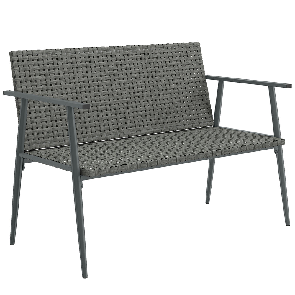 Banc de Jardin 2 places en Résine Tressée, avec Accoudoirs, Dossiers et Pieds Réglables, Structure en Acier Galvanisé, Banc d'Extérieur pour Terrasse Balcon Jardin, Gris