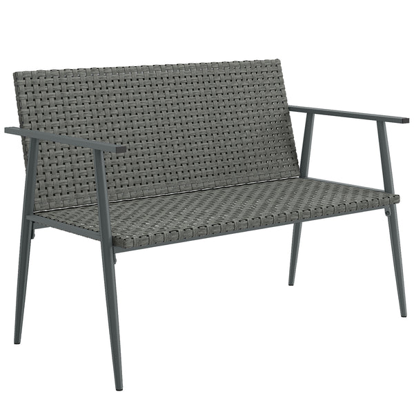Banc de Jardin 2 places en Résine Tressée, avec Accoudoirs, Dossiers et Pieds Réglables, Structure en Acier Galvanisé, Banc d'Extérieur pour Terrasse Balcon Jardin, Gris