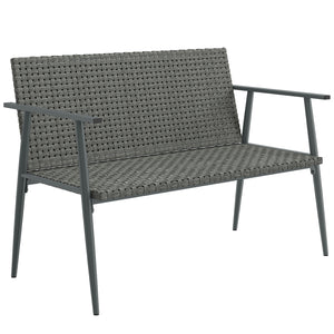 Banc de Jardin 2 places en Résine Tressée, avec Accoudoirs, Dossiers et Pieds Réglables, Structure en Acier Galvanisé, Banc d'Extérieur pour Terrasse Balcon Jardin, Gris