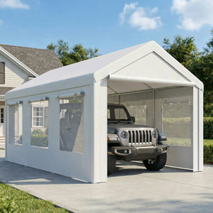 Abri de Voiture 3x6m Protection UV30+ Garage Mobile avec Hauteur Réglable - Tente de Garage avec 6 Fenêtres et Moustiquaire - Carport en Acier Galvanisé Ø37mm Robuste, Blanc