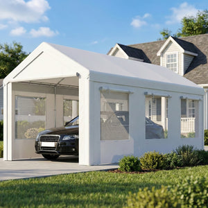 Abri de Voiture 3x6m Protection UV30+ Garage Mobile avec Hauteur Réglable - Tente de Garage avec 6 Fenêtres et Moustiquaire - Carport en Acier Galvanisé Ø37mm Robuste, Blanc