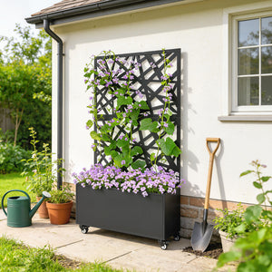 Jardinière avec treillis, bac à fleurs, lit surélevé avec brise-vue et roulettes verrouillables, pour plantes grimpantes, légumes, métal, intérieur et extérieur, 90 x 30 x 160 cm, noir