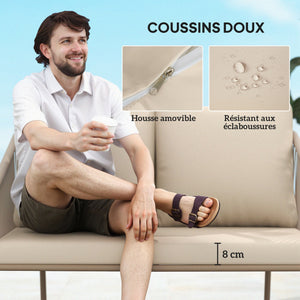 Canapé de jardin 2 places en résine tressée avec coussins, canapé d'extérieur avec accoudoirs, cadre en acier pour balcon, beige