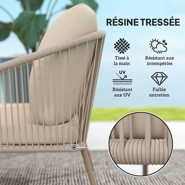 Canapé de jardin 2 places en résine tressée avec coussins, canapé d'extérieur avec accoudoirs, cadre en acier pour balcon, beige