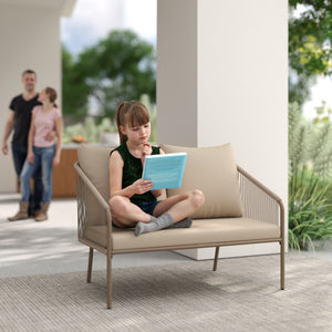 Canapé de jardin 2 places en résine tressée avec coussins, canapé d'extérieur avec accoudoirs, cadre en acier pour balcon, beige
