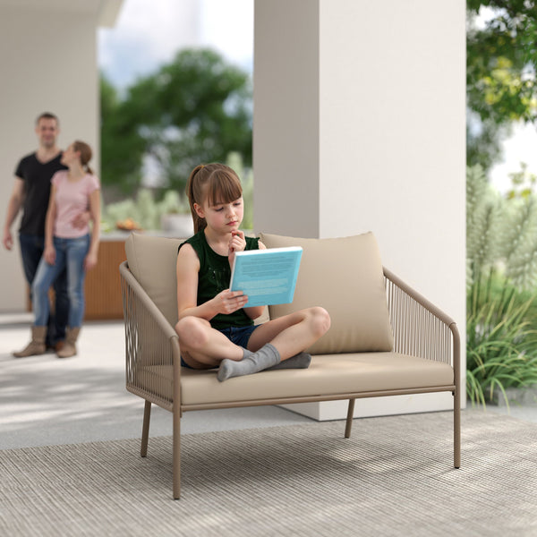 Canapé de jardin 2 places en résine tressée avec coussins, canapé d'extérieur avec accoudoirs, cadre en acier pour balcon, beige