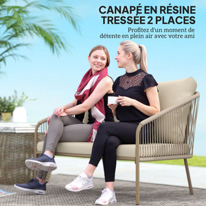 Canapé de jardin 2 places en résine tressée avec coussins, canapé d'extérieur avec accoudoirs, cadre en acier pour balcon, beige