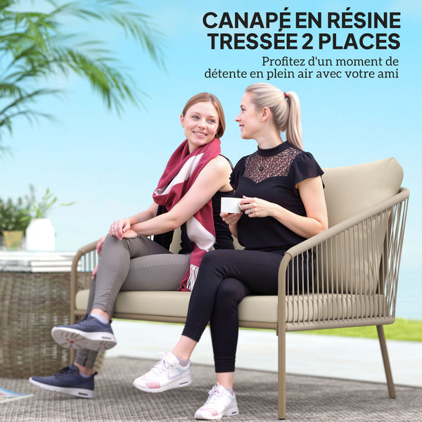 Canapé de jardin 2 places en résine tressée avec coussins, canapé d'extérieur avec accoudoirs, cadre en acier pour balcon, beige