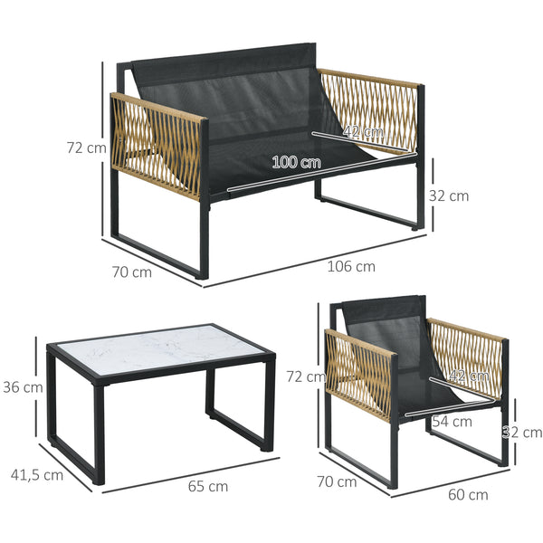 Salon de jardin extérieur 4 pièces mobilier de jardin canapé 2 places 2 fauteuils et 1 table basse plateau verre trempé 3 coussins acier et résine tressée - crème