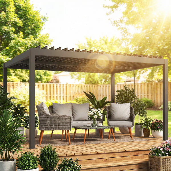 Pergola bioclimatique 4x3m, pergola aluminium, lames orientables, manivelle, système de drainage, tonnelle de jardin abri terrasse, résistante vent, protection soleil, imperméable, gris foncé