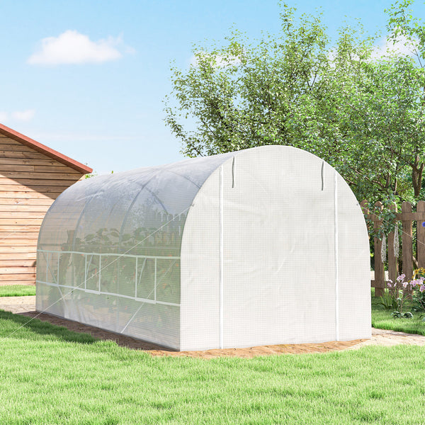 Serre tunnel de jardin 9m², serre de jardin tunnel 445x200x200cm avec porte et 6 fenêtres, pour extérieur, toutes saisons, légumes, fruits, fleurs, bâche PE haute densité 140 g/m² blanc