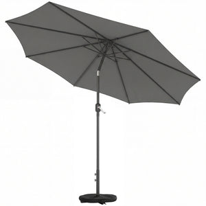 Parasol de jardin extérieur rond Ø 3 x 2,5 m parasol droit inclinable avec Base et Poids Sable, nervure rétractable, ouverture fermeture manivelle, mât en métal, toile 180 g/m², Gris Foncé