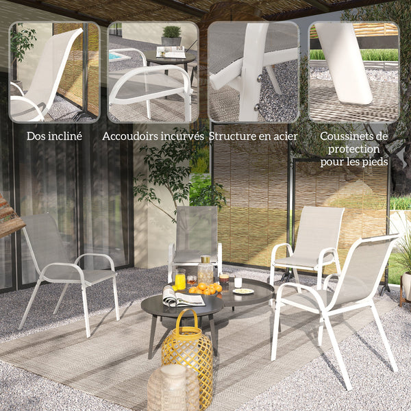 Lot de 4 chaises de jardin, chaises empilables, dossier haut incliné, tissu en maille respirante, cadre en acier, gris
